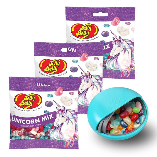 Jelly Belly Unicorn Mix Jelly Beans (3pack 3.5oz) Mini Candy Disepenser (7.5cm x 2.5cm) - Small Travel Case for Athletes, Runners, Travel and Unicorn Candy for Birthday Party Favors