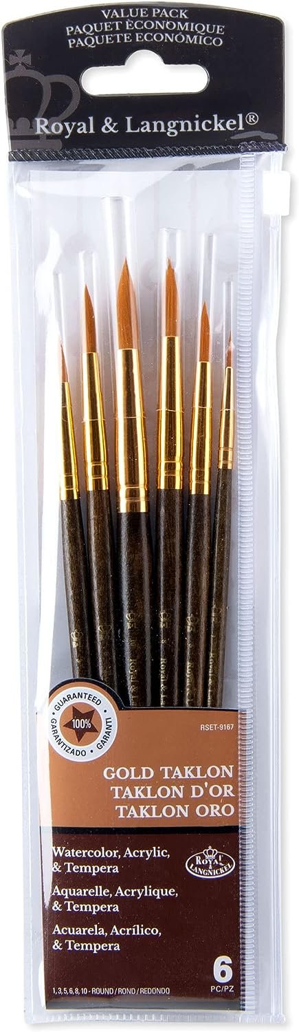 Royal & Langnickel Gold Royal Zip N' Close Taklon Round 6-Piece Brush Set, 10.5 x 2.9 x 0.5