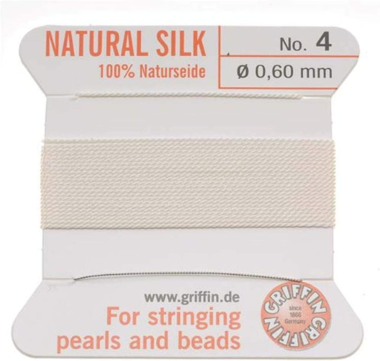 Griffin Silk Beading Cord and Needle, Size 4, White
