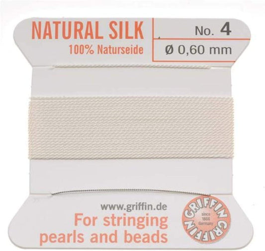 Griffin Silk Beading Cord and Needle, Size 4, White