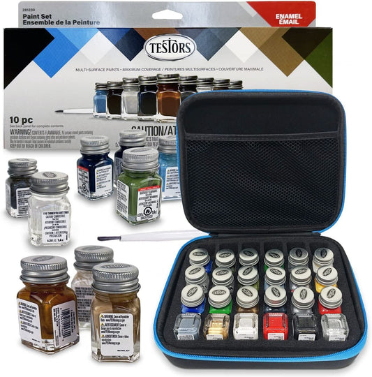 Testors Model Paint Enamel 10pc Paint Set, Pixiss Model Paint Storage Case for Testors Paints (Holds 30 Bottles) (Military Colors)