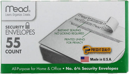 Mead Press-It Seal-It #6 3/4 Security Envelopes, 55 Count (75030)