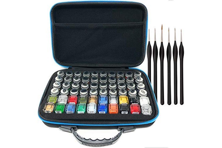 Pixiss Model Paint Storage Case for Testors Paints (Holds 60 Bottles) with 6 Fine Detail Miniatures Paint Brushes (Paint Not Included)