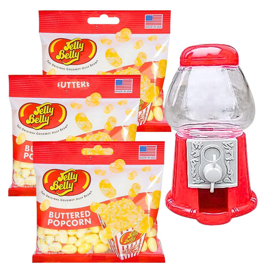 Jelly Belly Buttered Popcorn Jelly Beans (3pack 1.9oz) Mini Gumball Machine for Jelly Belly Dispenser(5"x3.5"x3.5") - Mini Candy Machine for Desk or Countertop