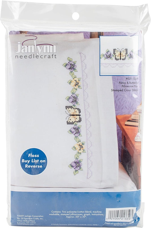 Janlynn Stamped Cross Stitch Kit, Pansy & Butterfly Pillowcase Pair