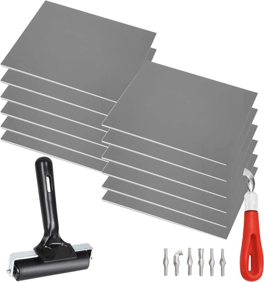 Pixiss Printmaking Supplies - Linoleum Blocks for Printmaking (12 Pack) 8"x10"x1/8" and Linocut Tools - Rubber Roller and Linocut Carving Tool for Block Printing Kit - Linoleum Stamp Making Kit