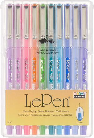 Uchida Of America 4300-10C 10-Piece 0.3 Point Size Le Pen Drawing Pen Set, Blue, Orange, Lavender, Pink, Light Blue