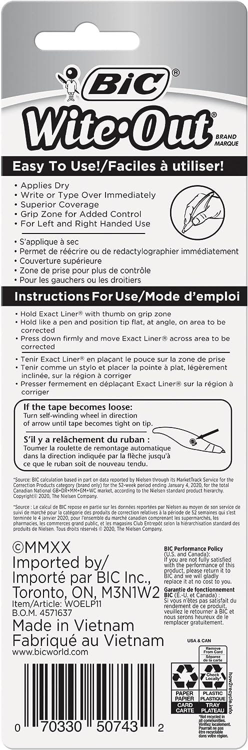 BIC White-Out Exact Liner Correction Tape Pen, Non-Refillable, 1/5 Inch x 236 Inches (WOELP11)