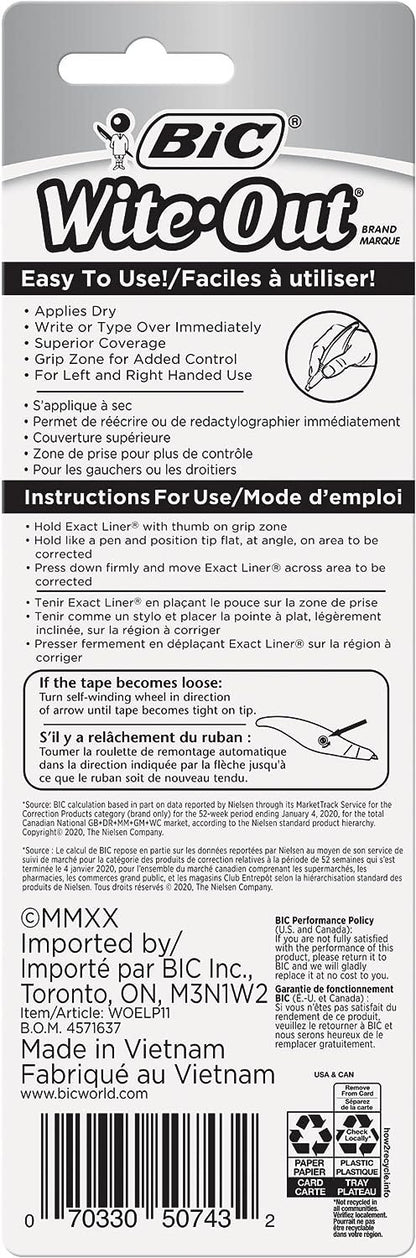 BIC White-Out Exact Liner Correction Tape Pen, Non-Refillable, 1/5 Inch x 236 Inches (WOELP11)