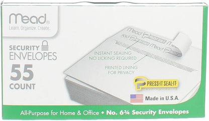 Mead Press-It Seal-It #6 3/4 Security Envelopes, 55 Count (75030)