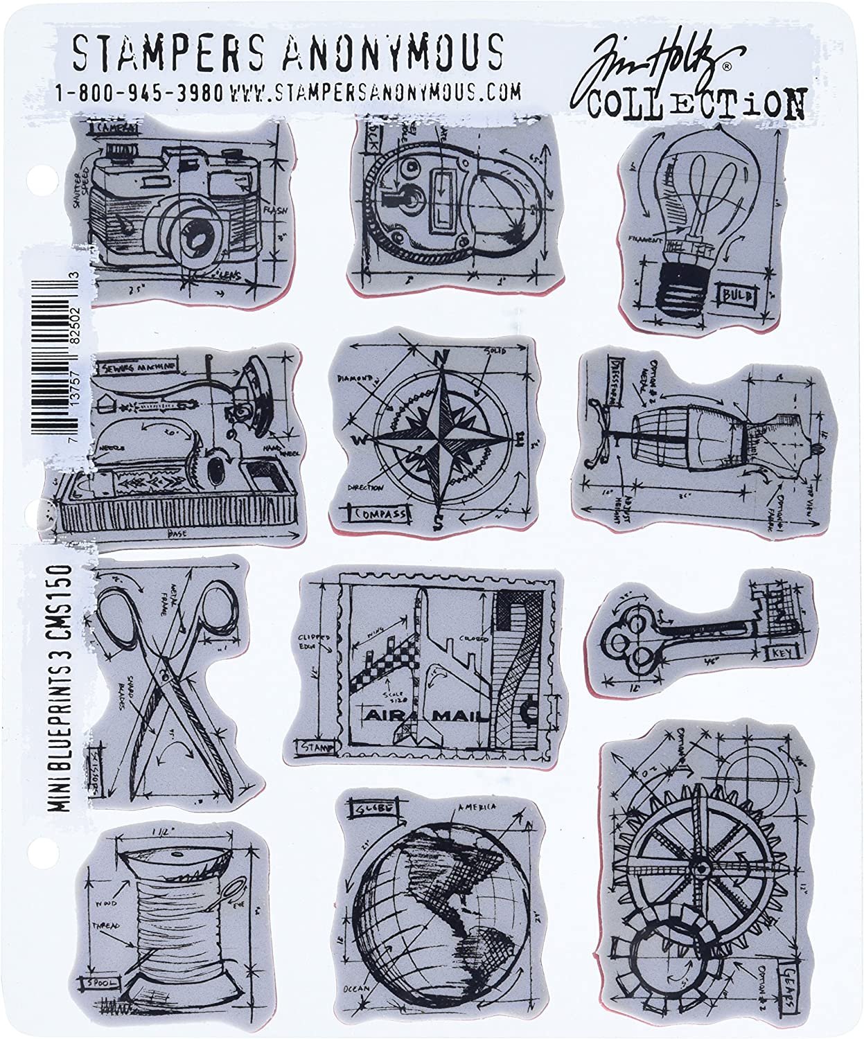 Stampers Anonymous Tim Holtz Cling Rubber Stamp Set, 7 by 8.5-Inch, Mini Blueprints No.3