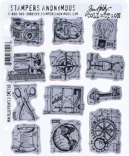 Stampers Anonymous Tim Holtz Cling Rubber Stamp Set, 7 by 8.5-Inch, Mini Blueprints No.3