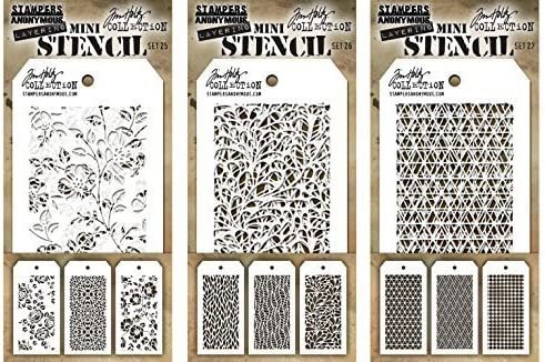 Tim Holtz - Nine Mini Stencils - Roses, Ornate, Floral, Leafy, Feather, Splash, Diamonds, Woven, and Grid Dot - aka Sets 25, 26 & 27