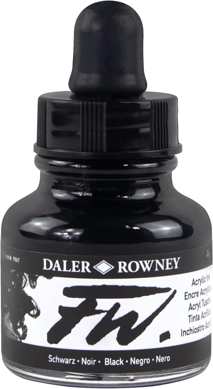 Daler-Rowney FW Acrylic Ink Bottle Black - Versatile Acrylic Drawing Ink for Artists and Students - Permanent Calligraphy Ink - Archival Ink for Illustrating and More