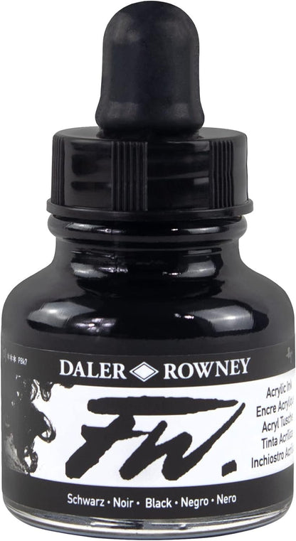 Daler-Rowney FW Acrylic Ink Bottle Black - Versatile Acrylic Drawing Ink for Artists and Students - Permanent Calligraphy Ink - Archival Ink for Illustrating and More