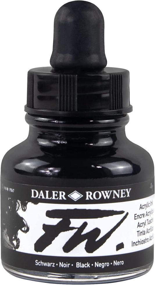 Daler-Rowney FW Acrylic Ink Bottle Black - Versatile Acrylic Drawing Ink for Artists and Students - Permanent Calligraphy Ink - Archival Ink for Illustrating and More