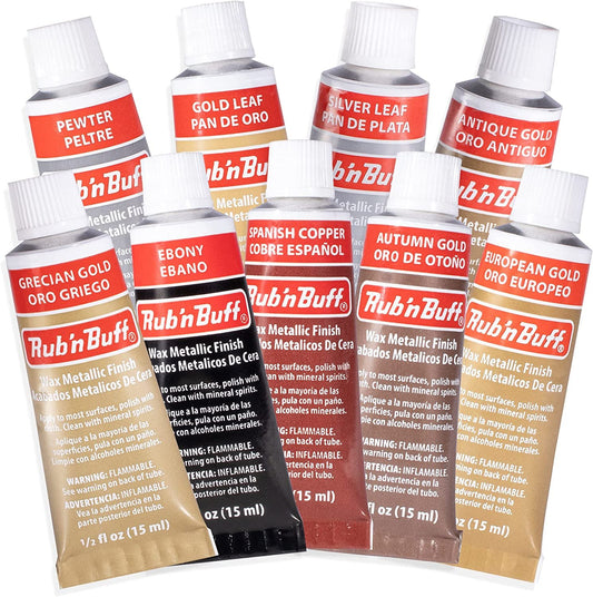 AMACO Rub n Buff Wax Metallic Finish 9 Color Kit - Antique Gold European Gold Grecian Gold Autumn Gold Gold Leaf Spanish Copper Silver Leaf Ebony Pewter - 9 Rub and Buff Gilding Wax 15ml Tubes