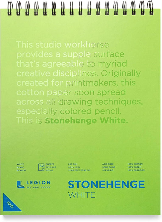 Legion Stonehenge Wired Pad , Cotton Deckle Edge Paper, White Paper, 32 Sheets, 9 x 12"