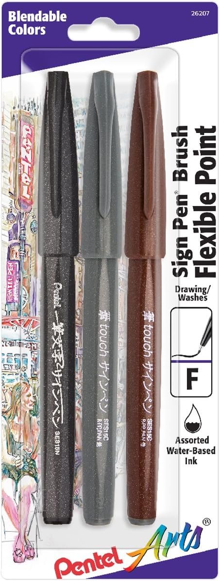 Pentel Arts Sign Pen Brush Tip, Ochre Ink, Box of 12 (SES15C-Y)