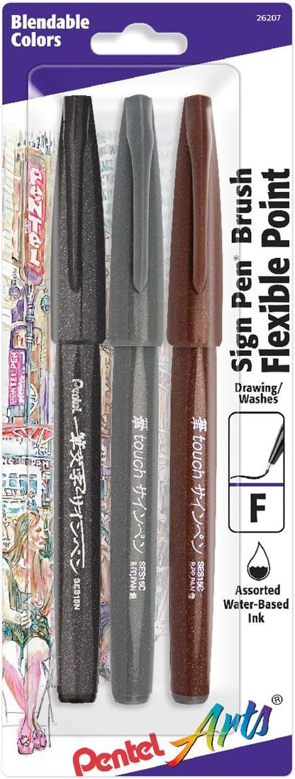 Pentel Arts Sign Pen Brush Tip, Ochre Ink, Box of 12 (SES15C-Y)