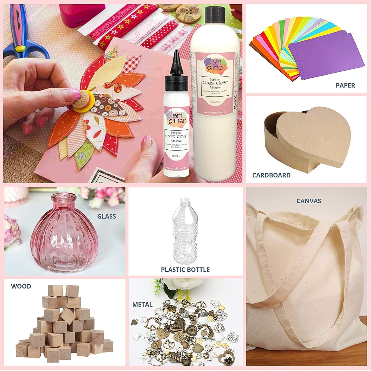 Art Glitter Designer Dries Clear Adhesive Non-Toxic Water-Based 2oz (60ml) and 16oz (480ml) with Metal Tip Precision Application Writing Tool — Arts and Crafts Scrapbooking Supplies Kit