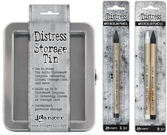 BUNDLE - Tim Holtz Watercolor Pencils - Black Soot, Picket Fence and Scorched Timber and storage Tin