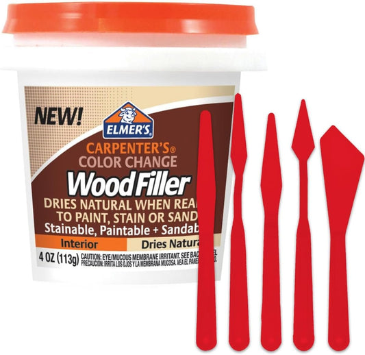 Elmers Carpenter's Color Change Wood Filler - Paintable Wood Putty for Repairs – Wood Grain Filler for Crafts and DIY Projects, Weatherproof and Durable – Includes 5 Pixiss Paste Spreaders