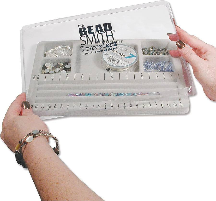 The Beadsmith Mini Bead Board, Grey Flocked, 4 Straight Channels, 5 Recessed Compartments, 7.75 x 11.25 inches, Design Boards for Creating Bracelets, Necklaces and Other Jewelry