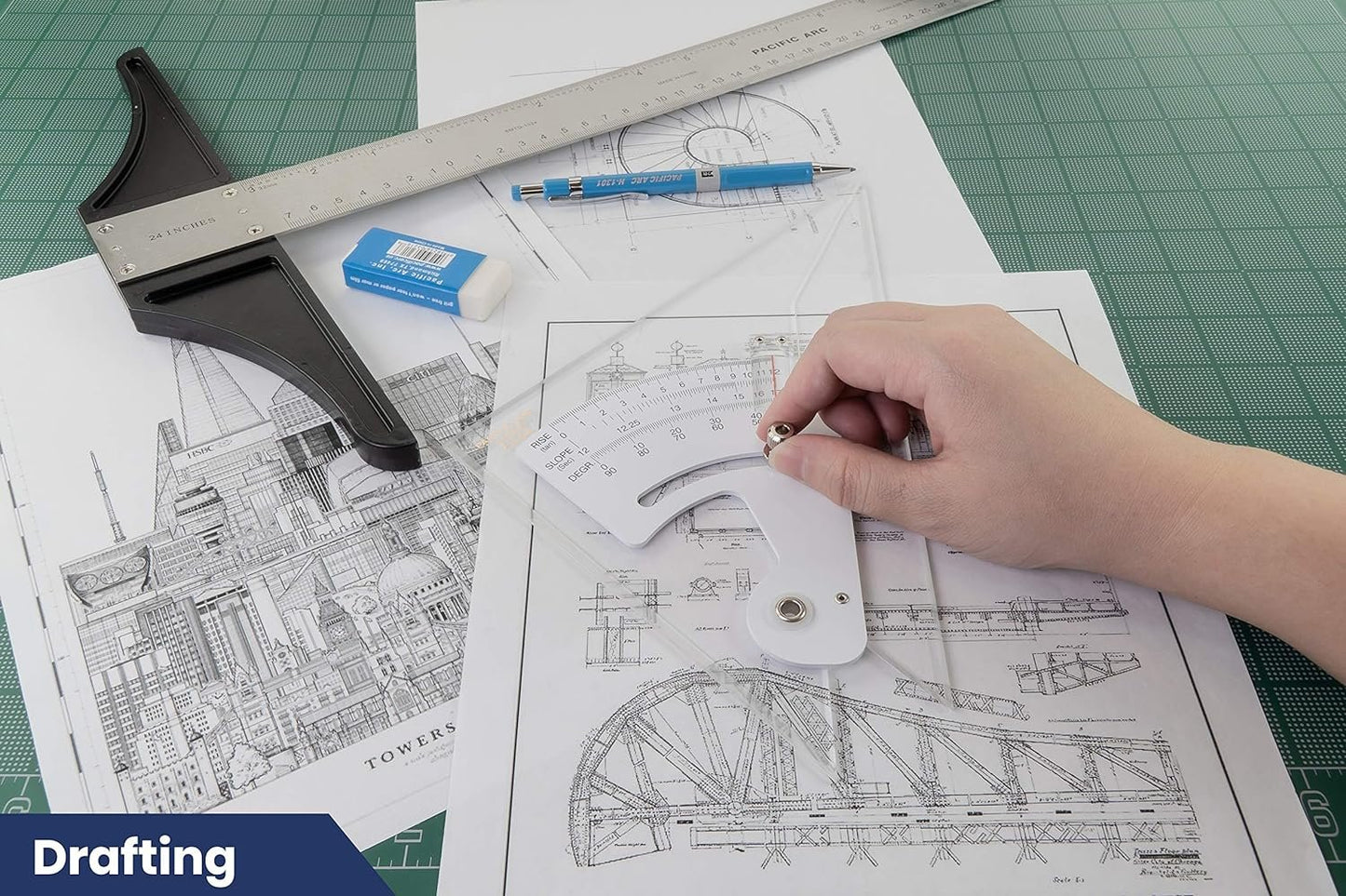 Pacific Arc Adjustable 8 Inch Triangle Plain Edge for Drafting, Architect, Engineer