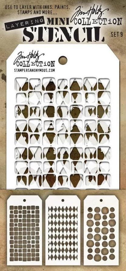 Tim Holtz - Nine Mini Layering Stencils - Numeric, Houndstooth, Rings, Honeycomb, Schoolhouse, Dot Fade, Tiles, Harlequin and Splotches - aka sets 7, 8 & 9