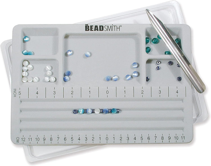 The Beadsmith Mini Bead Board, Grey Flocked, 4 Straight Channels, 5 Recessed Compartments, 7.75 x 11.25 inches, Design Boards for Creating Bracelets, Necklaces and Other Jewelry