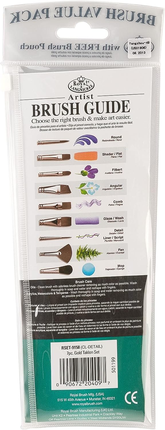 Royal & Langnickel RSET-9158 Royal Zip N' Close Gold Taklon Clear Acrylic Handle Detail Brush Set, 10.5 x 3.9 x 0.5, Multicolor, 7-Piece