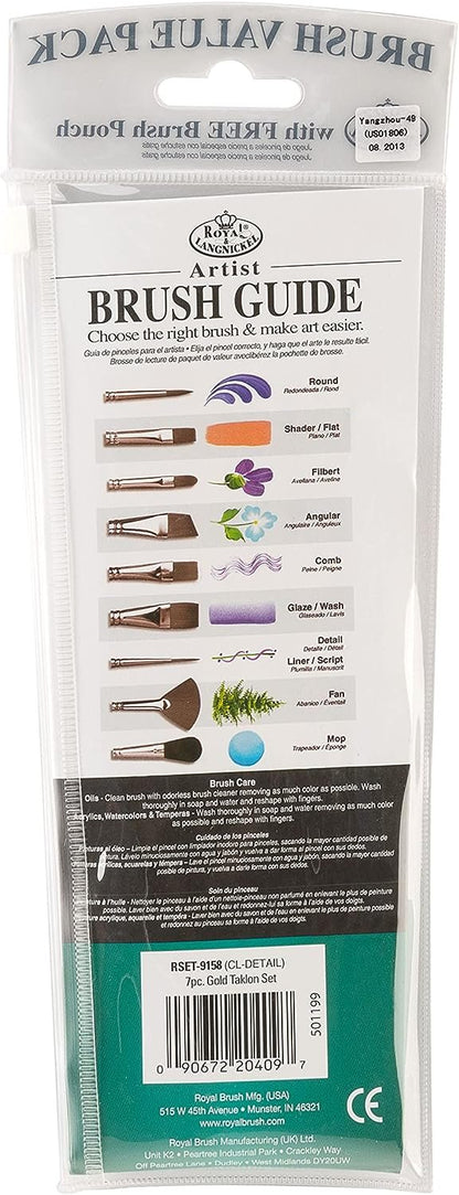 Royal & Langnickel RSET-9158 Royal Zip N' Close Gold Taklon Clear Acrylic Handle Detail Brush Set, 10.5 x 3.9 x 0.5, Multicolor, 7-Piece