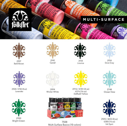 FolkArt Color, 10 Bottle Multi-Surface Acrylic Paint Set, 2oz, Basics