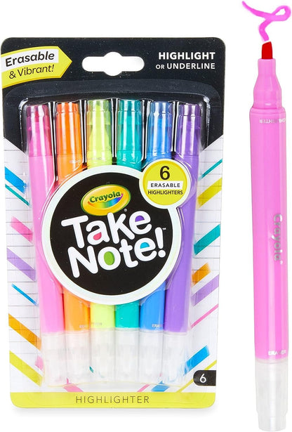 Crayola Take Note Erasable Highlighters, Cool School Supplies, Chisel Tip Markers, 6 Count