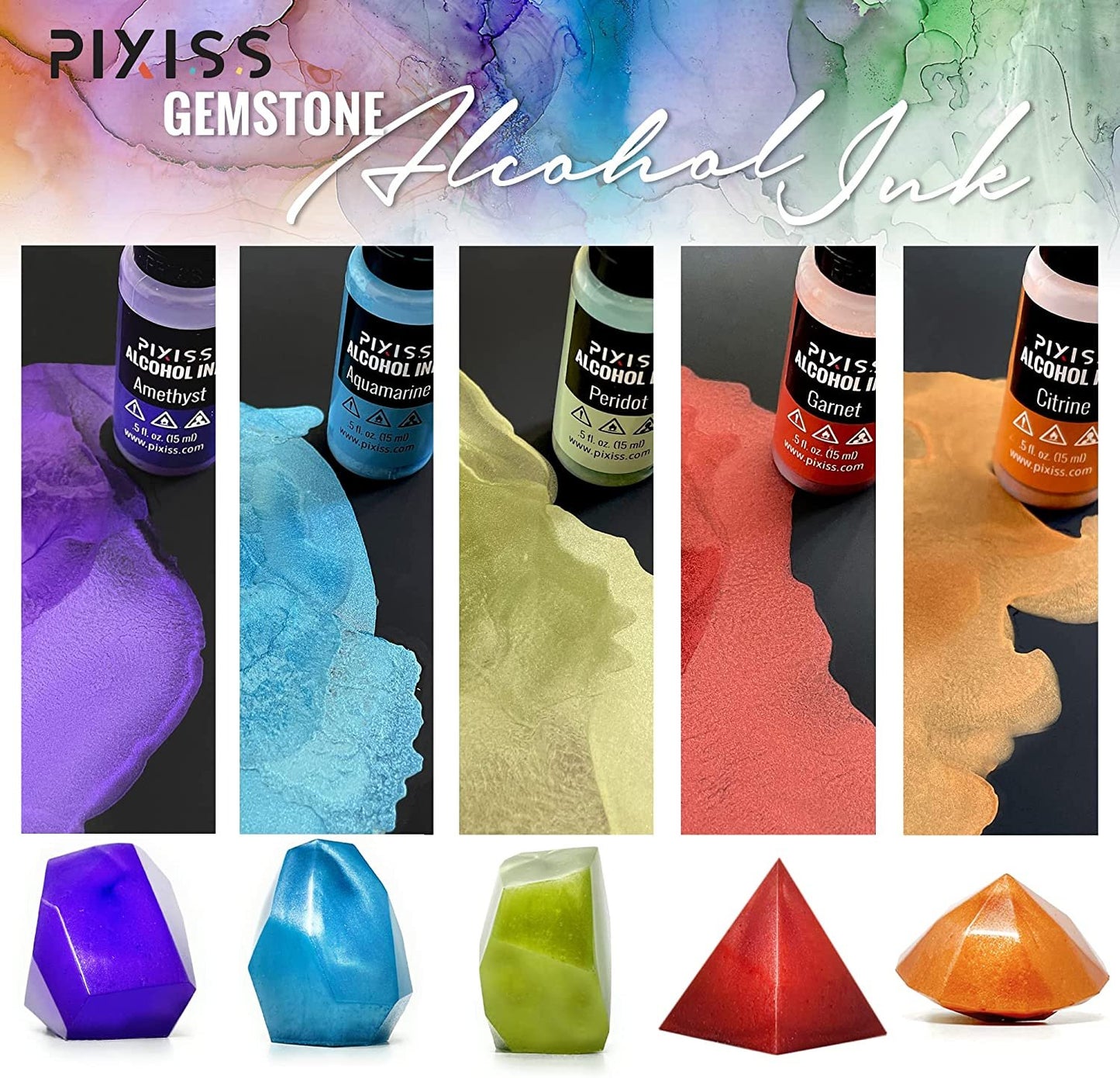 PIXISS Alcohol Ink Set of 5 - Shimmering Gemstone Hues