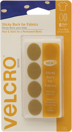 VELCRO Brand For Fabrics | Permanent Sticky Back Fabric Tape for Alterations and Hemming | Peel and Stick - No Sewing, Gluing, or Ironing | Pre-Cut Ovals, 1 x 3/4 inch, White - 8 Sets