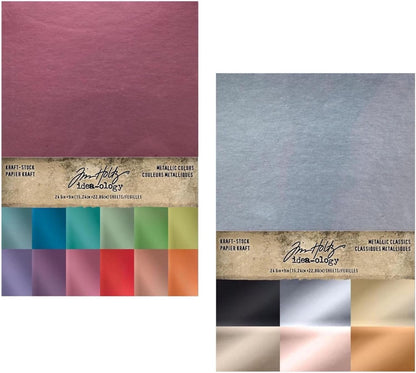 Tim Holtz Idea-Ology Kraft-Stock Cardstock, Metallic Colors & Metallic Classics, Bundle of 2 Packages Totaling 48 Sheets (TH94227, TH94228)