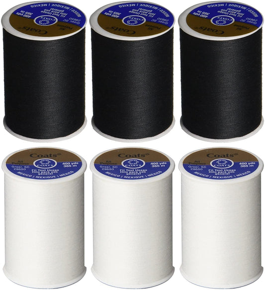 6 Pack Bundle - (3 Black + 3 White) - Coats & Clark Dual Duty All-Purpose Thread - Three 400 Yard Spools Each of Black & White