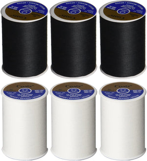 6 Pack Bundle - (3 Black + 3 White) - Coats & Clark Dual Duty All-Purpose Thread - Three 400 Yard Spools Each of Black & White
