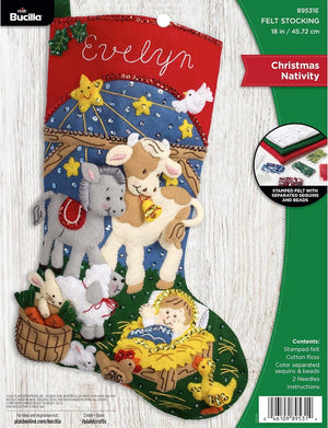 Bucilla Felt Applique 18" Stocking Making Kit, Christmas Nativity, Perfect for DIY Arts and Crafts, 89531E, White