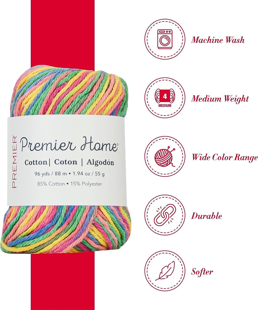 Premier Yarns Home Cotton Yarn, Ideal Knitting and Crochet Supplies, Made of Recycled Cotton, 96 yds, Rainbow
