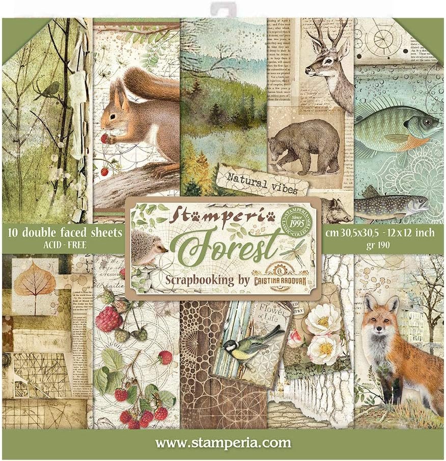 STAMPERIA INTERNATIONAL, KFT PAPER PAD 12X12 10PK FOREST, 30.5 x 30.5 (12" x 12"), Multicoloured