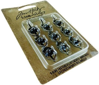 Tim Holtz Idea-ology Ring Fasteners, 9 Brad Fasteners with Fluted Tops and Attached Jump Rings, Nickel, Brass, Copper, Craft Embellishments, TH93060
