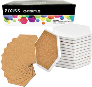 Ceramic Tiles for Crafts Coasters,12 Hexagon White Tiles Unglazed 4-Inches with Cork Backing Pads, for Alcohol Ink or Acrylic Pouring, DIY Make Your Own Coasters, Mosaics, Painting Projects, Decoupage…