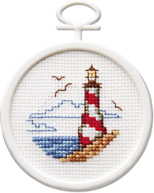 Janlynn 18 Count Round Mini Counted Cross Stitch Kit, 2-1/2-Inch, Lighthouse