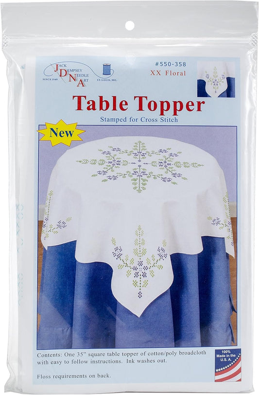 Jack Dempsey Needle Art Cross Stitch Floral Embroidery Tablecloth, 35" x 35", White