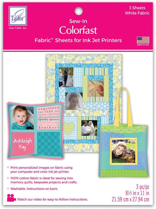 June Tailor Sew-in Colorfast Fabric Sheets for Inkjet Printers,White, 3 Count (Pack of 1)