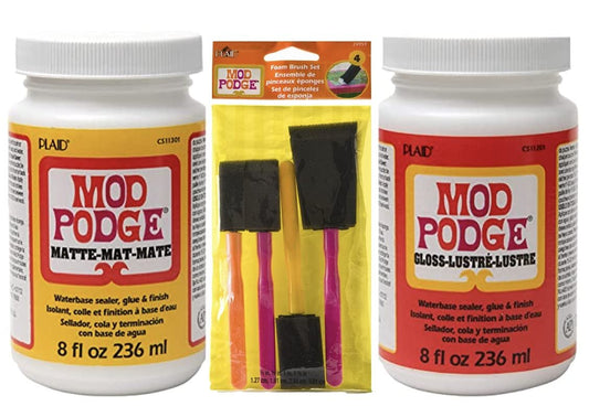 Decoupage Kit | Set 8oz Bottles of Mod Podge Waterbase Sealer/Glue/Finish (Matte + Gloss Finish) | 4pk Foam Brush Set