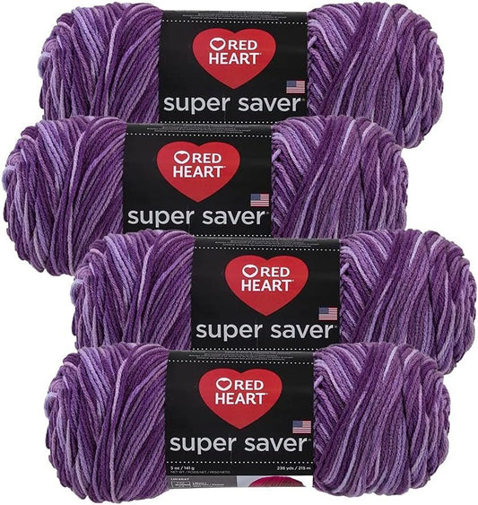 Red Heart Super Saver Yarn (4-Pack of 5oz Skeins) (Purple Tones)